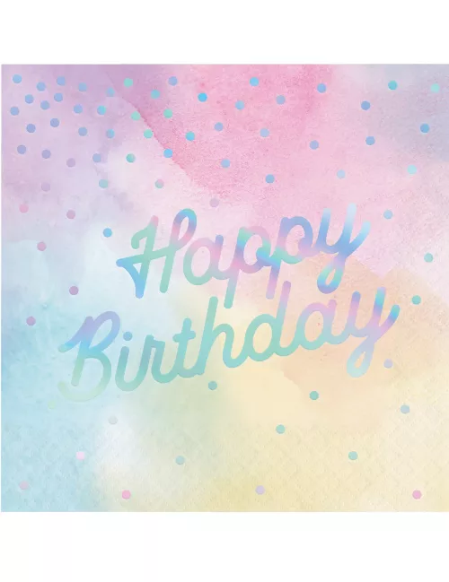 Photo du produit 16 Serviettes en papier Happy Birthday multicolores iridescentes 33 x 33 cm