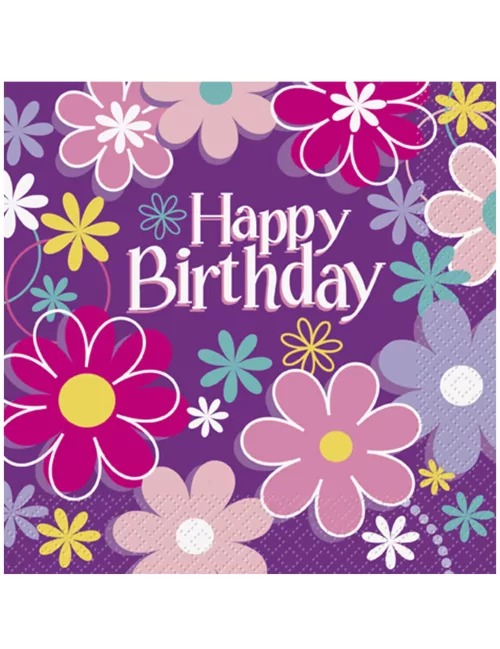Photo du produit 16 Serviettes en papier Happy Birthday fleurs 33 x 33 cm