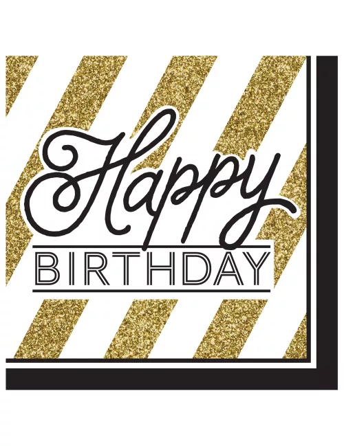 Photo du produit 16 Serviettes Happy Birthday noir et or 33 cm