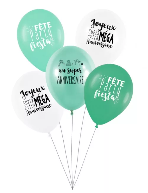 Photo du produit 5 Ballons latex biodégradable Super anniversaire menthe 27 cm