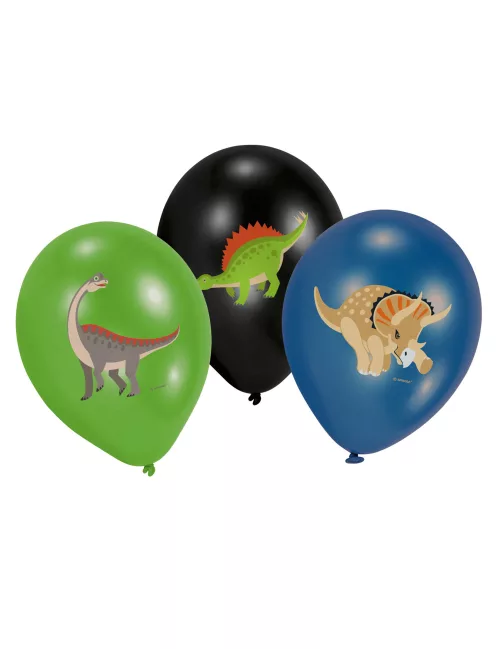 Photo du produit 6 Ballons en latex Grands Dinosaures noir, vert et bleu 27,5 cm