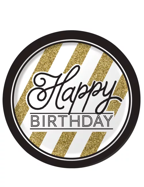 Photo du produit 8 Assiettes en carton Happy Birthday Noir et Or 23 cm