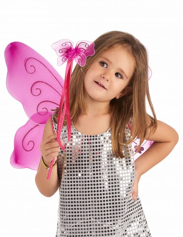 Photo du produit Ailes papillon roses et baguette magique assortie enfant