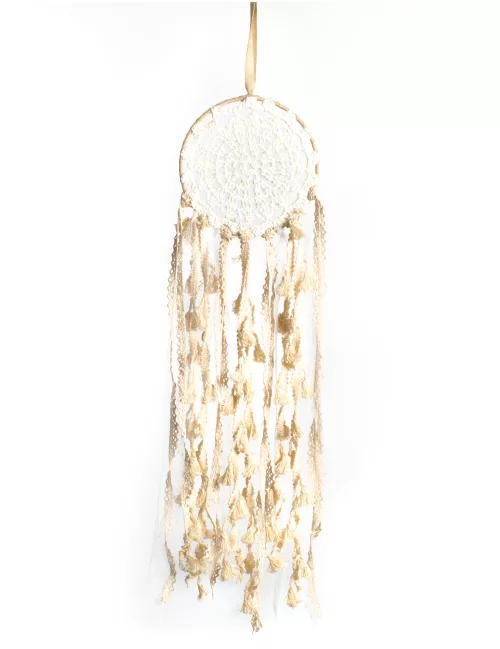 Photo du produit Attrape rêves en dentelle et pompons ivoire 15 x 50 cm