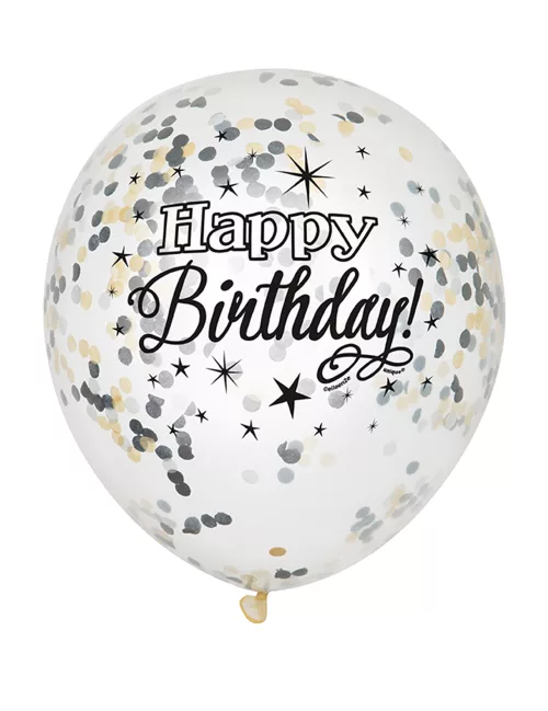 Photo du produit 6 Ballons latex confettis Happy Birthday argent et or