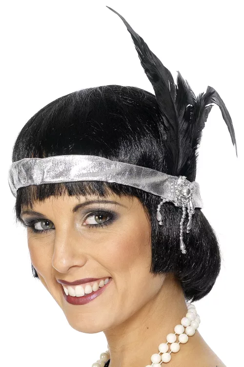 Photo du produit Bandeau charleston argenté avec plume adulte