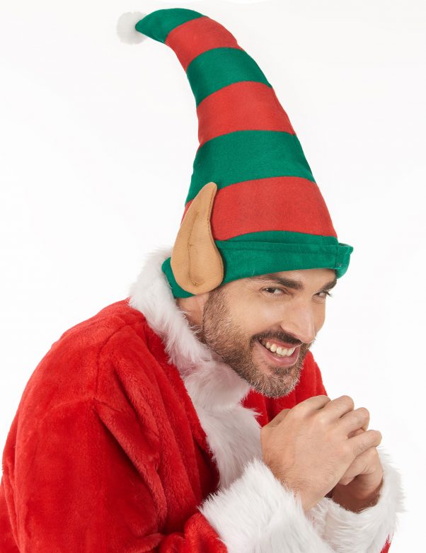 Photo du produit Bonnet lutin du Père Noël rayé avec oreilles adulte