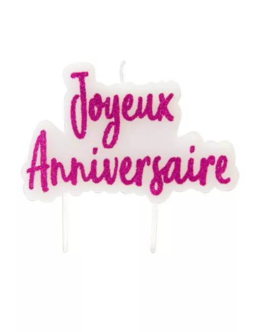 Photo du produit Bougie sur pique joyeux anniversaire fuschia pailletée 8 x 5 cm