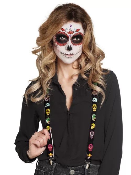 Photo du produit Bretelles noires avec squelettes mexicains adulte Dia de los muertos