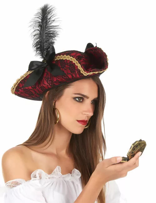Photo du produit Chapeau de pirate rouge avec plume adulte