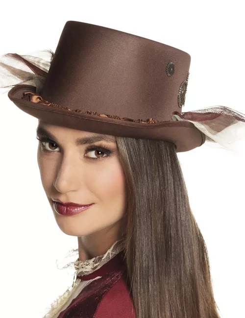 Photo du produit Chapeau haut de forme marron avec voiles Steampunk adulte