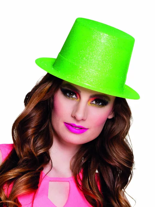 Photo du produit Chapeau haut de forme vert fluo à paillettes adulte