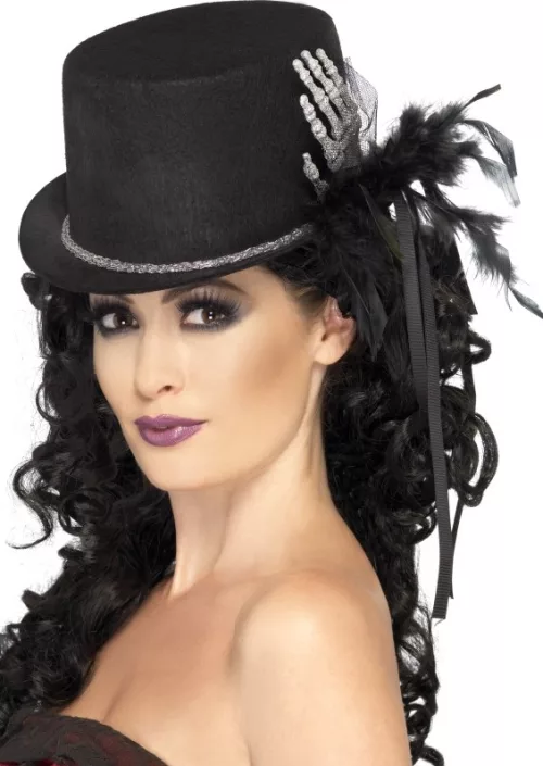 Photo du produit Chapeau haut de forme noir avec main squelette et plumes femme Halloween