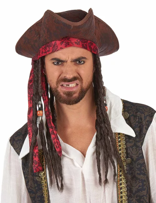 Photo du produit Chapeau pirate marron avec perruque adulte