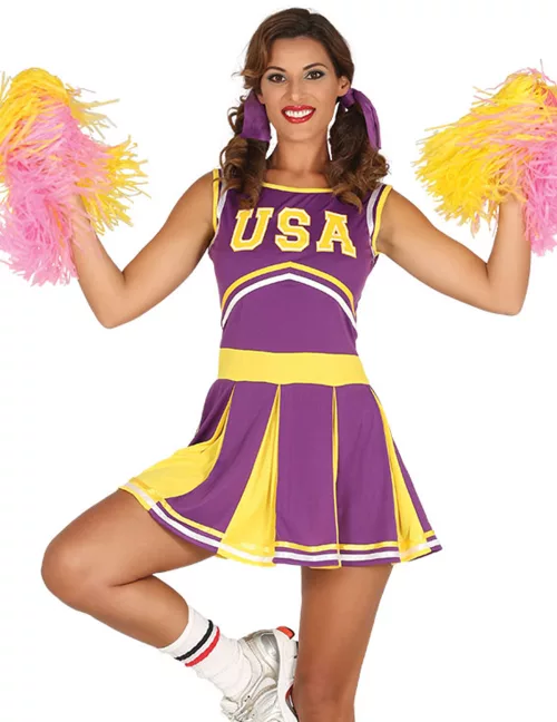 Photo du produit Déguisement pompom girl USA violet et jaune femme