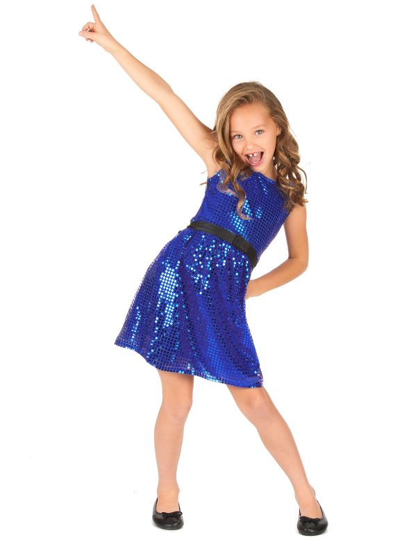Photo du produit Déguisement robe disco bleue paillette avec gros noeud fille