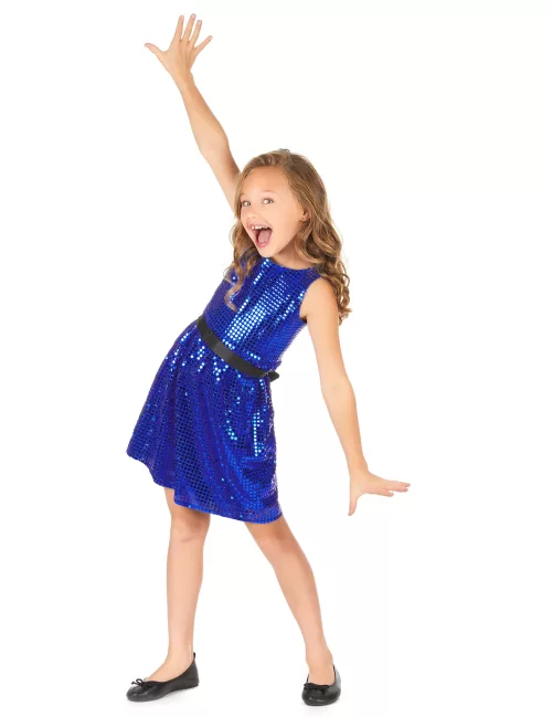 Photo du produit Déguisement robe disco bleue paillette avec gros noeud fille