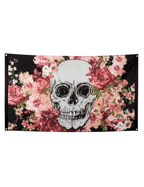 Photo du produit Drapeau squelette fleuri noir 90 x 150 cm