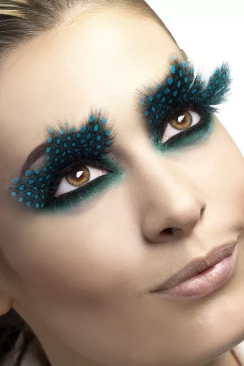 Photo du produit Faux cils plumes noires à pois bleus adulte