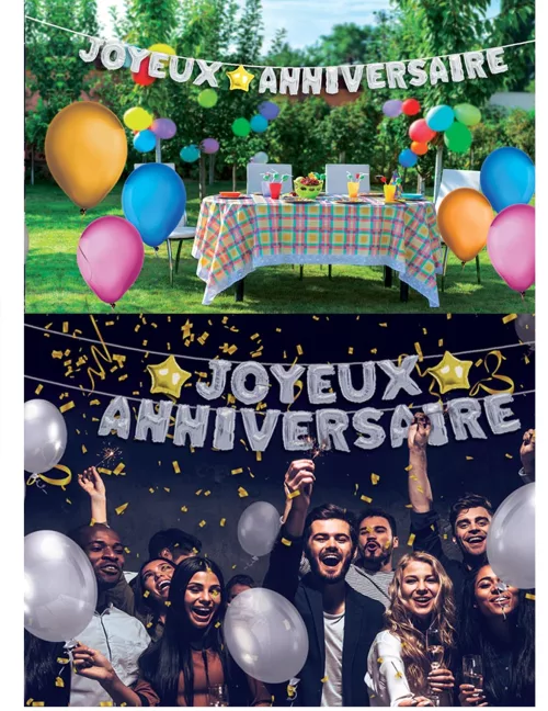 Photo du produit Guirlande ballons Joyeux Anniversaire argentée 6m
