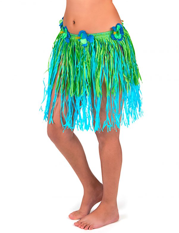 Photo du produit Jupe hawaïenne courte verte et bleue avec fleurs adulte