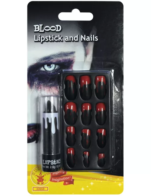 Photo du produit Kit rouge à lèvre et faux-ongles ensanglantés adulte