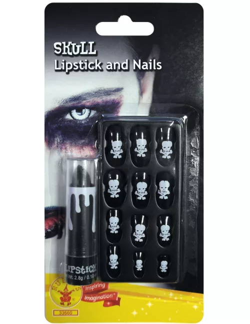 Photo du produit Kit rouge à lèvre et faux-ongles tête de mort adulte