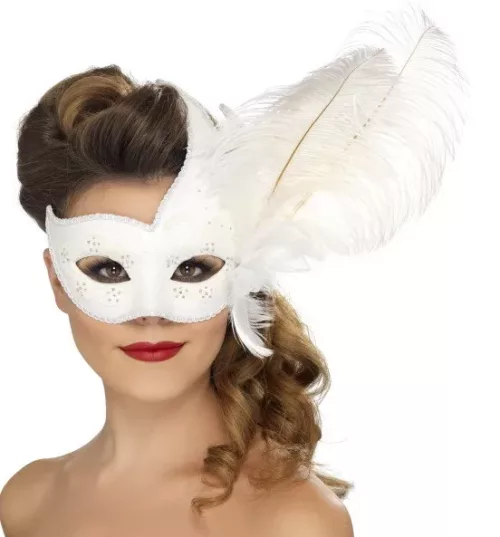 Photo du produit Loup vénitien blanc avec plumes blanches adulte