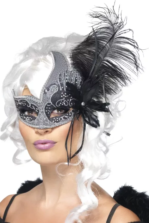 Photo du produit Loup vénitien ange noir avec grande plume noir adulte