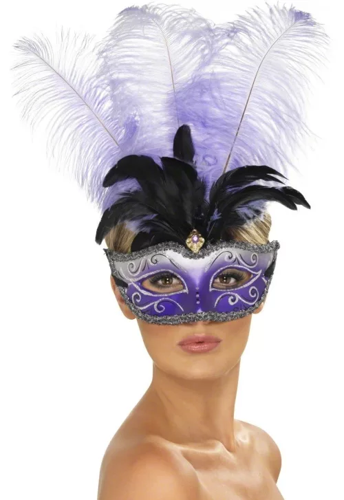 Photo du produit Loup vénitien violet avec grandes plumes noire et violette adulte