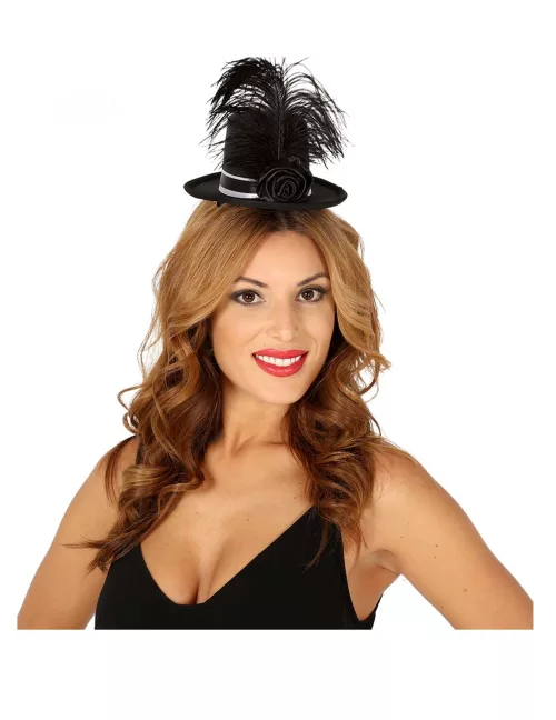 Photo du produit Mini chapeau haut de forme brillant noir avec rose et plume femme