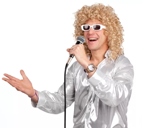 Photo du produit Perruque bouclée blonde avec lunettes blanche homme