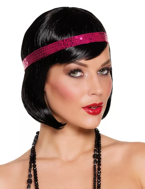 Photo du produit Perruque courte noire cabaret avec bandeau à sequins rose femme