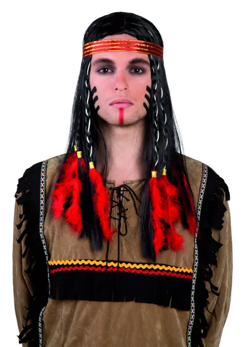 Photo du produit Perruque indien avec plumes rouges homme