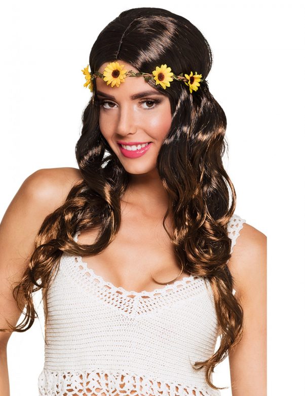 Photo du produit Perruque longue marron avec bandeau fleurs femme