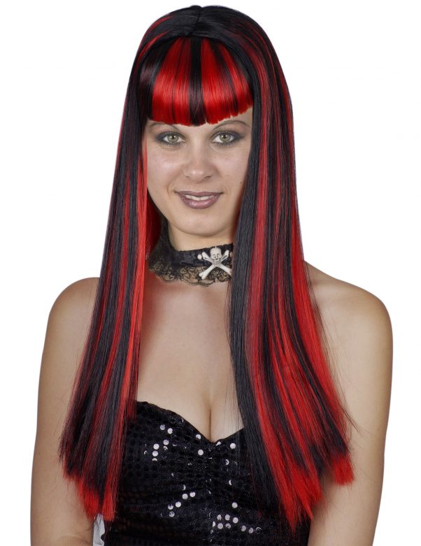 Photo du produit Perruque longue noire avec frange et balayage rouge femme