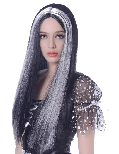 Photo du produit Perruque longue noire et blanche femme - 60cm