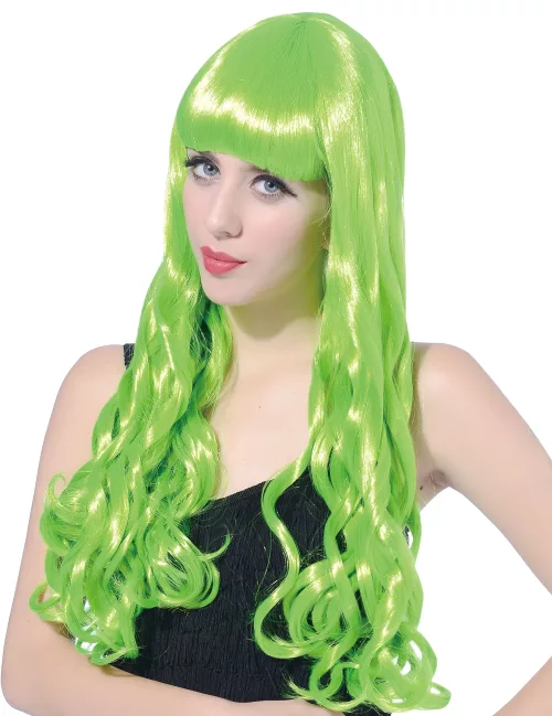 Photo du produit Perruque longue ondulée Vert fluo avec frange femme