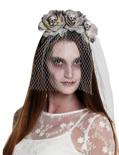 Photo du produit Serre-tête avec voile zombie blanc femme Halloween