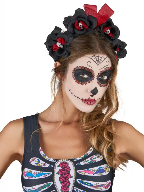Photo du produit Serre tête fleurs noir et rouge Dia De Los Muertos adulte