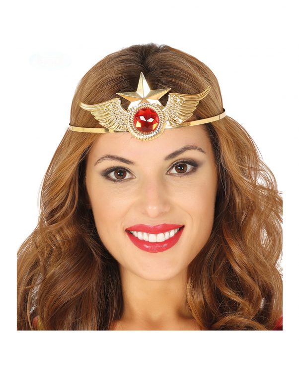 Photo du produit Serre-tête métal or avec pierre rouge super héroïne femme