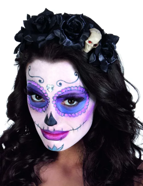 Photo du produit Serre tête roses noires avec tête de mort femme Dia de los muertos