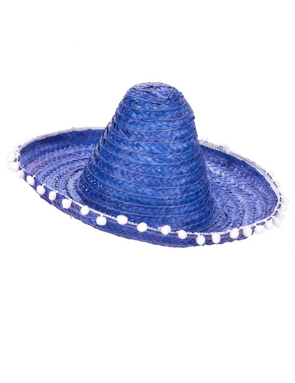 Photo du produit Sombrero bleu à bordure pompons adulte