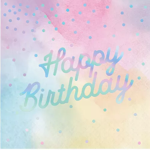 Photo du produit 16 Serviettes en papier Happy Birthday multicolores iridescentes 33 x 33 cm