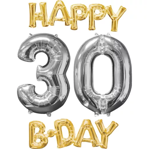 Photo du produit 4 Ballons aluminium Happy Bday 30 or et argent