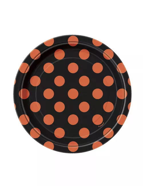 Photo du produit 8 Petites Assiettes noires à pois orange en carton 17 cm
