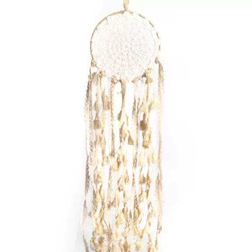 Photo du produit Attrape rêves en dentelle et pompons ivoire 15 x 50 cm
