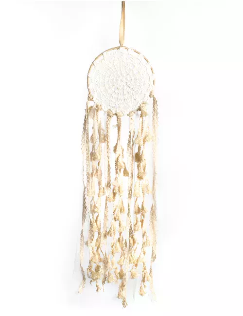 Photo du produit Attrape rêves en dentelle et pompons ivoire 15 x 50 cm