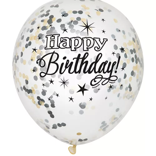 Photo du produit 6 Ballons latex confettis Happy Birthday argent et or