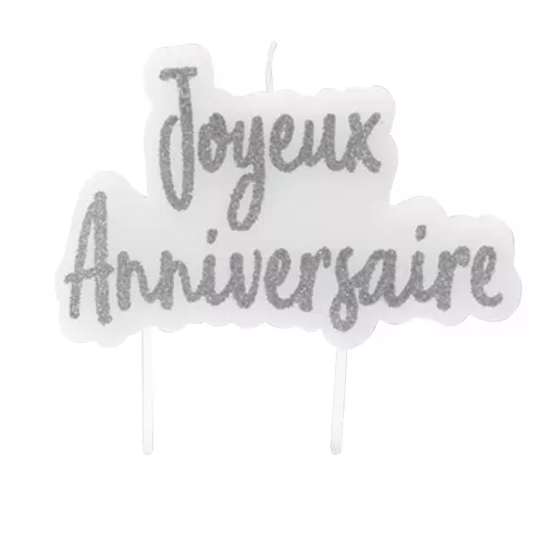 Photo du produit Bougie sur pique joyeux anniversaire argentée pailletée 8 x 5 cm